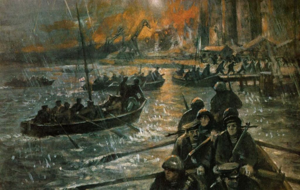 «Высадка десанта в порт Николаев». Картина художника Валентина Печатина, 1954 год. Источник: navy.su